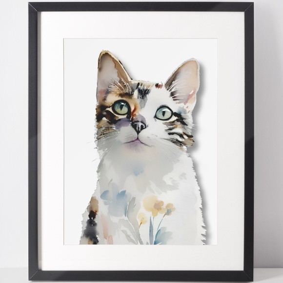 Watercolor Cat With Flowers Portrait Wall Art Illustration Print Poster Unframed - Picture 2 of 6